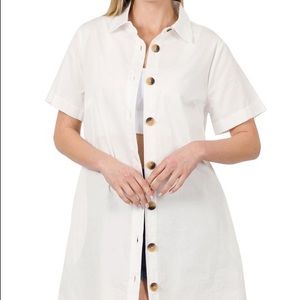 White Woven Cotton Button Down Dress